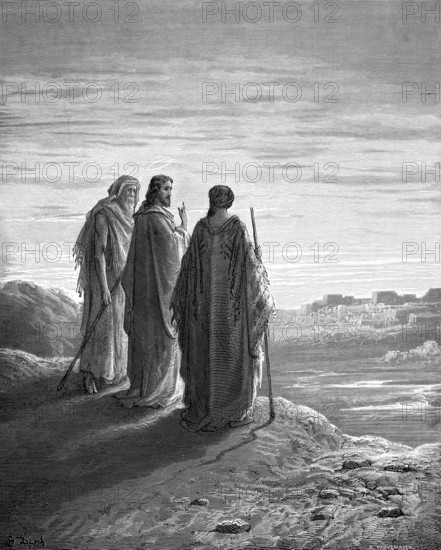 Jesus and the disciples on the way to Emmaus near Jerusalem, Luke chapter 24, verse 13, village of Emmaus, companion, three men, mountain landscape, walking stick, disciple, wandering, river valley, Christian religion, Bible, New Testament, steel engraving Doré, historical illustration 1885