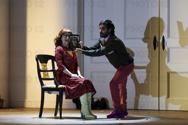 Katharine Mehrling (Sophia), Christin Nichols (Helena), Sophia oder das Emde der Humanisten, German premiere, photo rehearsal on 11.03.2026 at the Renaissance Theatre, Berlin, premiere on 15.03.2026