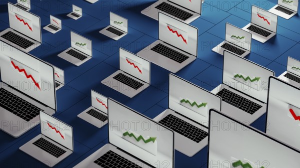 Laptops in a modern office show fluctuating stock trends, reflecting the dynamic nature of financial activities