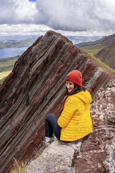 Female hiker in the Peruvian Andes, Pallay Punchu Rainbowmountain, Layo, Peru