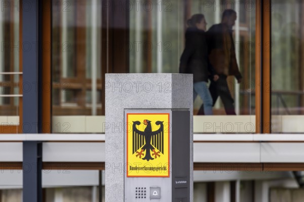 Federal Constitutional Court Karlsruhe, (BVerfG) . Exterior view with national emblem, federal eagle. Karlsruhe, Baden-Württemberg, Germany