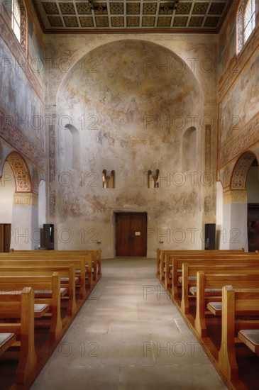 Interior view, western apse, nave, ceiling painting, parish church of St George, Oberzell, Reichenau Island, district of Constance, Baden-Württemberg, Germany