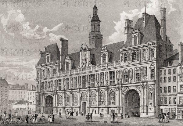 Hôtel de Ville, Paris, antique steel engraved print, 1831