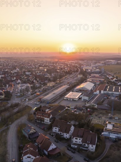 Industrial and residential areas of a small town at sunset, quiet atmosphere, Althengstett, district of Calw, Germany