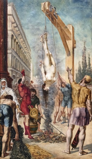 Torture with smoke, St Zoe of Rome (died around 286) was a noblewoman married to Nicostratus, a high Roman court official. She died, suffocated by smoke, hanging over a fire. Her body was then thrown into the Tiber. Painting by Jean-Baptiste Cariven (1843 to 1904, French painter), reproduction of a 19th century painting, digitally restored, historical