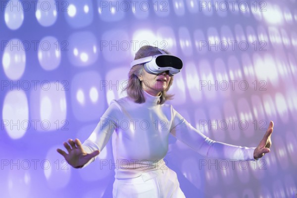 An elderly Asian woman experiences the metaverse through a virtual reality headset, surrounded by a digital environment, highlighting technology accessibility for all ages