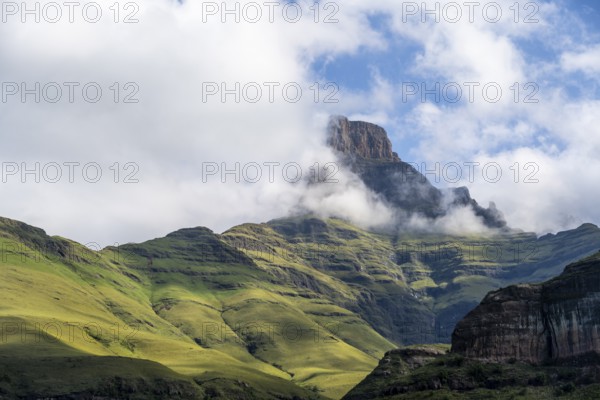 Mountains with fog at the amphitheatre, Drakensberg National Park, KwaZulu Natal, South Africa