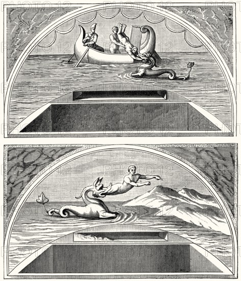 Prophet Jonah being thrown into the Sea, Catacomb of Priscilla, Rome, Italy