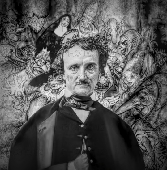 Portrait of Edgar Allan Poe, The Masque of the Red Death, illustration from Poe's Tales of Mystery & Imagination by Arthur Rackham, digitally edited