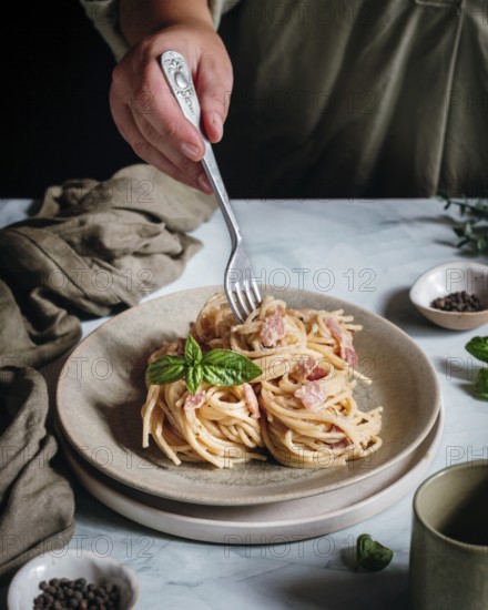A hand elegantly twirls a fork in a creamy pasta dish topped with fresh basil leaves. The scene captures a moment of culinary delight, perfect for food enthusiasts