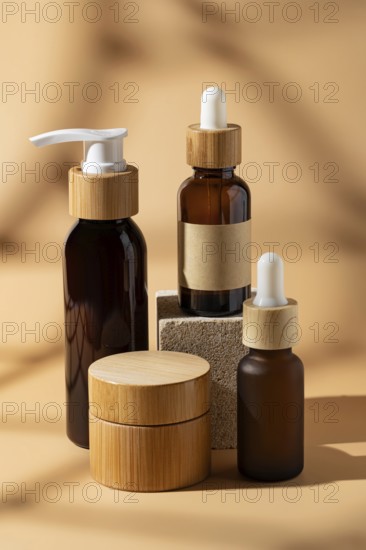 A selection of cosmetic bottles with wooden caps on a beige background. The earthy tones and minimalist design create a natural and soothing aesthetic