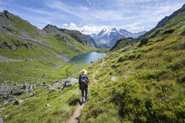 Mountaineer on hiking trail in picturesque mountain landscape, view of mountain lake Lac du Louvie and glaciated mountain peaks of the Grand Combine, Valais Alps, Val de Bagnes, Valais, Switzerland
