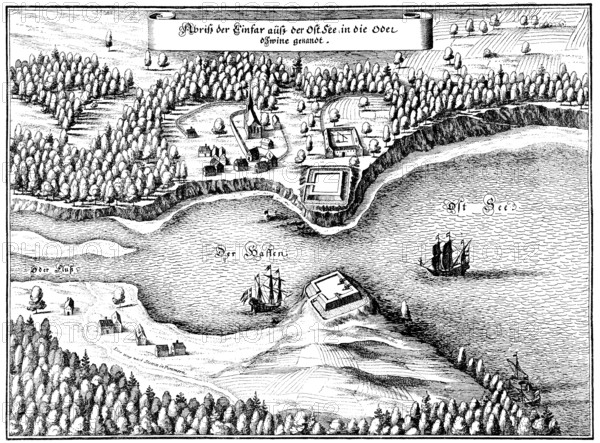 Panoramic view of Swinemünde or Swinoujscie, 17th century, Usedom, Westpommern, Poland, Europe, Historische Zeichnung, Stadtansicht von Swinemünde oder Swinoujscie, Usedom, Stettiner Haff, Ostsee, Westpommern, Polen, im 17. Jahrhundert