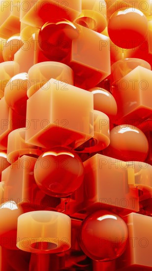 An engaging array of 3D geometric shapes in fiery orange tones combines spheres and cubes, creating a dynamic and visually stimulating design