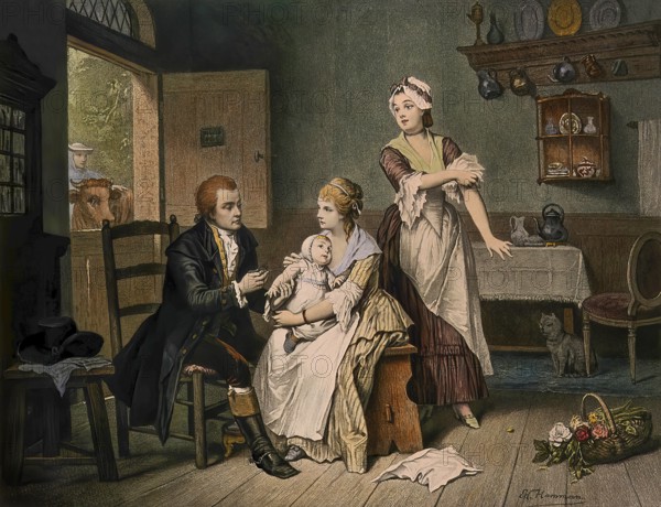 Edward Jenner, English physician, vaccinating his son held by his wife