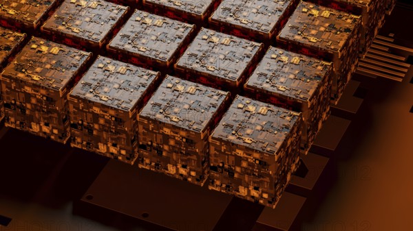 This background showcases a complex arrangement of abstract circuitry, with warm orange hues and intricate patterns that evoke a sense of advanced technology and innovation