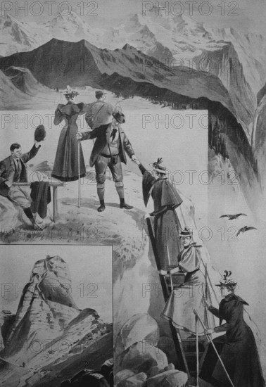 Sunday hikers climbing the Gummihorn, a peak in the Bernese Oberland, 1880, Switzerland, Historic, digitally restored reproduction of an original 19th-century painting