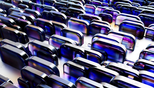 Dynamic abstract pattern featuring metallic and glass like rounded shapes. The shimmering reflections and vibrant blue hues create a futuristic and technological aesthetic