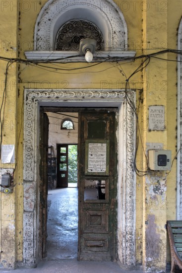 Entrance to an abandoned cable car station, mining town of Chiatura, Georgia