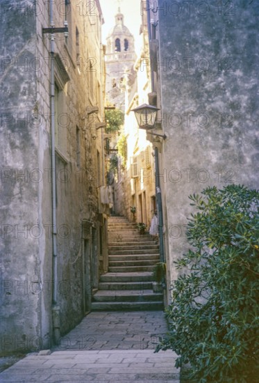 Stone steps of narrow alleyway street in the old town, Korcula, Croatia, former Yugoslavia, Europe 1970