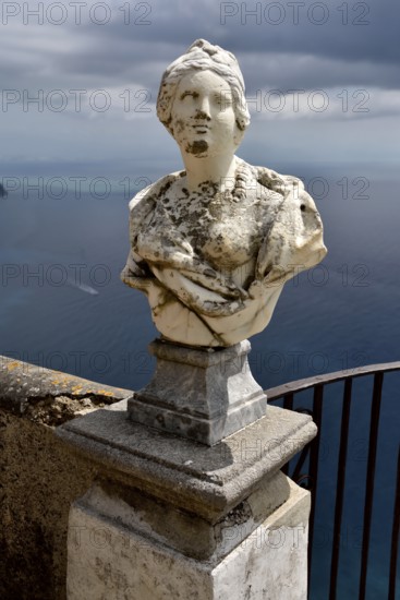 Marble bust at Terrazza dell'Infinito of Villa Cimbrone, Ravello, Amalfi Coast, Costiera Amalfitana, Province of Salerno, Campania, Italy