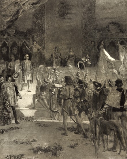 Christopher Columbus standing before King Ferdinand and Queen Isabella on his return to Spain, digitally optimized