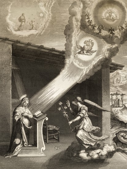 The Angel Gabriel brings the message to Mary about Jesus' birth, 1853, Steel engraving digitally restored