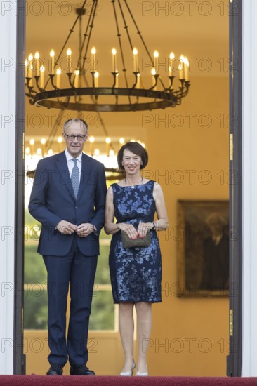 Friedrich Merz (Chancellor of the Federal Republic of Germany, CDU) with his woman Charlotte Merz on arrival at the festive dinner to mark the 60th anniversary of the establishment of diplomatic relations between the Federal Republic of Germany and the State of Israel at Bellevue Palace on 12 May 1965. The dinner, hosted by Federal President Frank-Walter Steinmeier and First Lady Elke Büdenbender, will also be attended by the President of the State of Israel Isaac Herzog and his woman Michal Herzog. Berlin, 12.05.2025