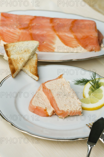 Southern German cuisine, salmon trout terrine arranged on a plate, salmon terrine with trout fillets, fish dish, salmon fillets, smoked salmon, starter, fine dining, Sunday crockery with gold rim, grandma's service, lemons, dill, fish cutlery, toast, food photography, studio, Germany