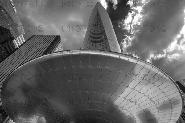 Modern office buildings, La Défence, the New High City District, the largest office district in Europe, black and white, Paris, France
