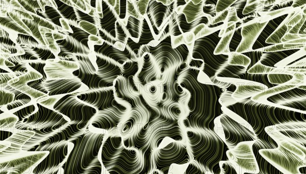 An intricate, swirling abstract pattern dominates this 3D-rendered image, showcasing a mesmerizing, monochromatic fractal formation