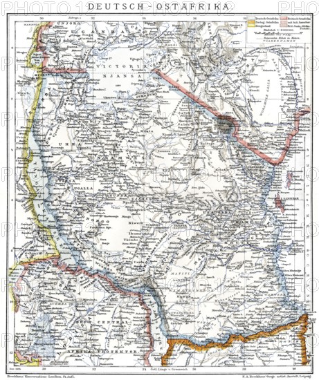Map of the former German colony of East Africa, 1894, Karte der ehemaligen deutschen Kolonie Ostafrika, 1894