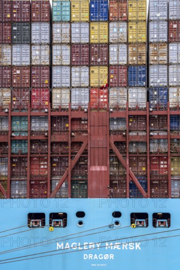 Magleby Maersk container freighter at EUROGATE Container Terminal, Waltershofer Hafen, one of the largest container ships in the world, capacity of 18, 270 TEU, Triple E class, Hamburg, Germany