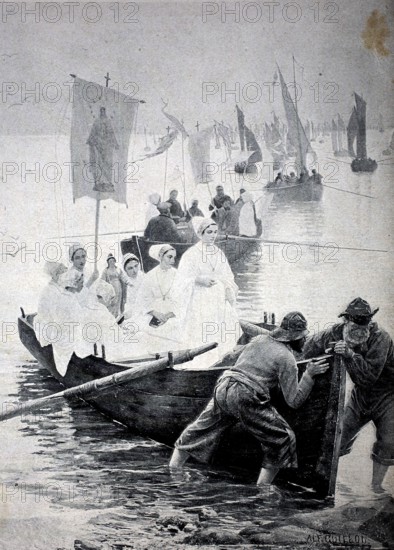 Returning home from church in a rowing boat, procession, by the sea, around 1880, France, digital reproduction of an original 19th century, historical, A group of nuns and men on a boat, surrounded by sailing boats on a river