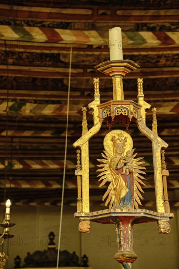 Carved figure of the Virgin Mary with baby Jesus, interior detail in the Church of the Holy Spirit in the old town of the Hanseatic city of Wismar, Mecklenburg-Western Pomerania, Germany