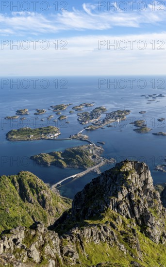 Bridges connecting numerous small rocky islands, archipelago islands, view of Henningsvær, Vågan, Lofoten, Nordland, Norway