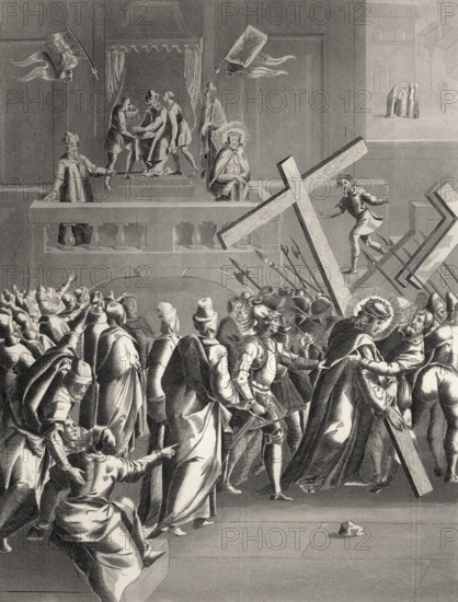 Pilate sentences Christ, New Testament, steel engraving 1853, digitally