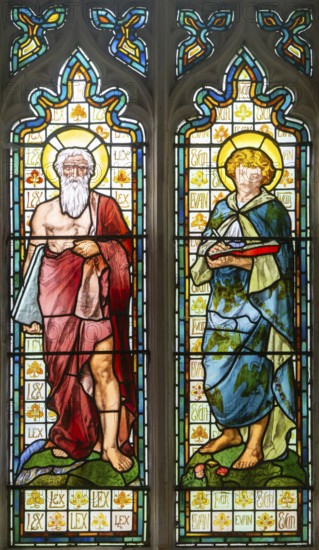 Stained glass window of Moses and Saint John by Ford Madox Ford c 1878, Kelsale church, Suffolk, England, UK