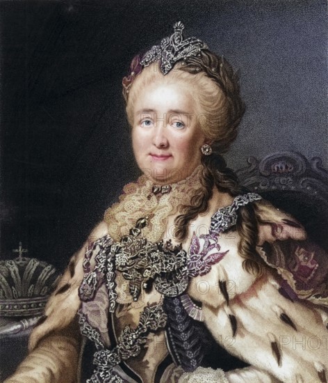 Catherine II, the Great (1729-1796), Empress of Russia. From The Gallery of Portraits, Volume VII, by Charles Knight (London, 1837) . Copper engraving, digitally restored reproduction from a 19th century original, record date not stated