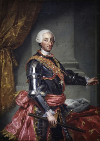Charles III (Spanish: Carlos Sebastián de Borbón y Farnesio, Italian: Carlo Sebastiano di Borbone, born 20 January 1716 in Madrid, died 14 December 1788 in Madrid) was King of Spain from 10 August 1759 until his death. Prior to that, he was Duke of Parma and Piacenza from 29 December 1731 to 3 October 1735 as Charles I, King of Sicily from 3 July 1735 to 10 August 1759 as Charles V and simultaneously King of Naples as Charles VII, reproduction from an original of the time, historical, digitally enhanced
