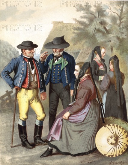 Traditional costumes in Germany around 1820, Württemberg, Freudenstadt, Rottenburg, Three men and two woman in traditional dress in a village, digitally retouched reproduction of a model from around 1850, by Albert Kretschmer (27 February 1825, 11 July 1891), German painter and traditional costume expert