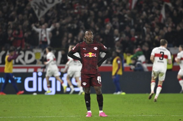 Yan Diomande RasenBallsport Leipzig RBL (49) disappointed behind goal celebration VfB Stuttgart Football Bundesliga, MHPArena, MHP Arena Stuttgart, Baden-Württemberg, Germany