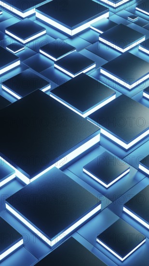 Abstract background design featuring a network of glowing geometric shapes in blue tones, creating a visually captivating technological atmosphere