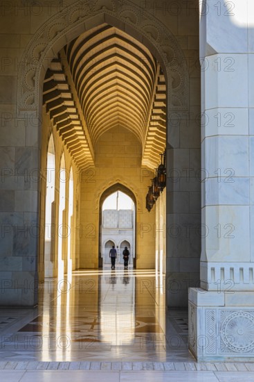 Arcade in the Sultan Qaboos Mosque, Muscat, Arabian Peninsula, Sultanate of Oman