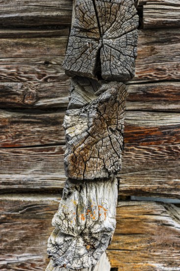 Weathered beams on an old hay barn, mountain village of Zinal, Val d'Anniviers, Valais Alps, Canton Valais, Switzerland