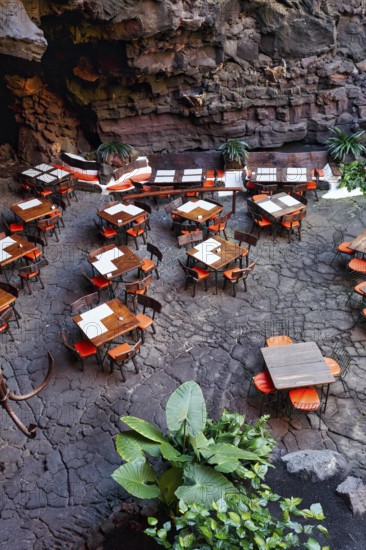 Tables in the restaurant, art and cultural centre, Jameos del Agua venue, lava tube, Lanzarote, Spain