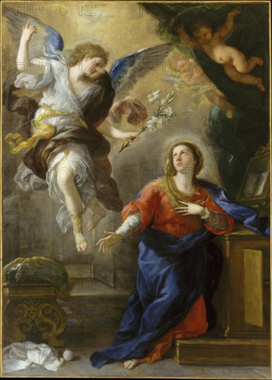 The Annunciation (1672), painting by Luca Giordano (Italian, 1634-1705), historically, digitally restored reproduction of a 17th-century original, exact date unknown, The Annunciation (1672), painting made by Luca Giordano (Italian, Historically, digitally restored reproduction of a 17th-century original, exact date unknown