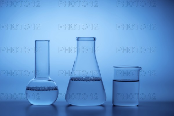 Glass laboratory beakers and flasks filled with water against a serene blue background, highlighting the clarity and precision associated with scientific research