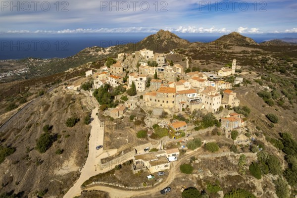 The village of Sant'Antonino in Balagne seen from the air, Corsica, France