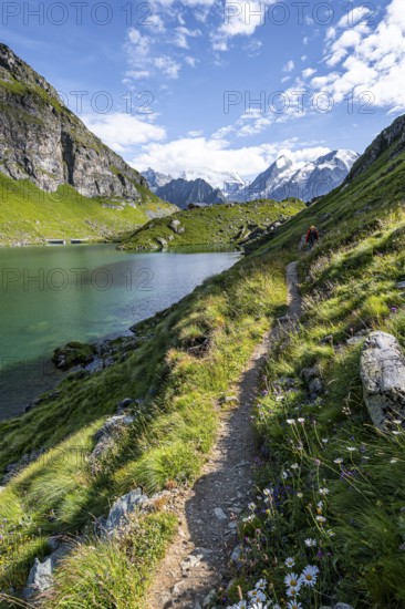 Mountaineer on a hiking trail at a mountain lake with a view of glaciated mountain peaks, Lac du Louvie with summit Grand Combine, Valais Alps, Val de Bagnes, Valais, Switzerland